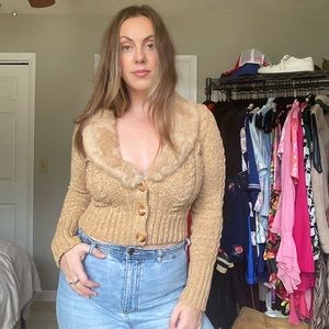 Vintage 90s or y2k XOXO Tan Cable Knit Cardigan with Faux Fur Shawl Collar